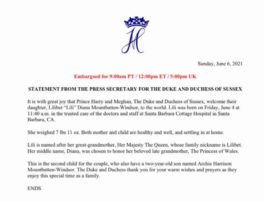 Γέννησε η Μέγκαν Μαρκλ – Αφιερωμένο στην Πριγκίπισσα Νταϊάνα το όνομα του μωρού