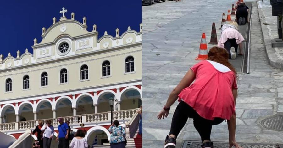 Παναγία Τήνου: Εκατοντάδες πιστοί ξεκίνησαν να ανεβαίνουν γονατιστοί στη Μεγαλόχαρη