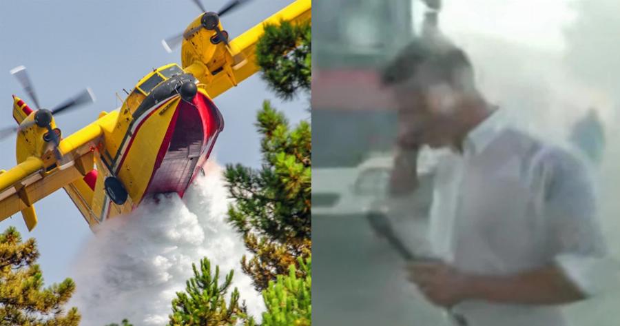 Κερατέα: Ρεπόρτερ του ΣΚΑΙ “τρώει” όλο το νερό από το Canadair σε ζωντανή σύνδεση