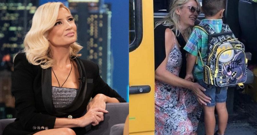 Η Φαίη Σκορδά με νυχτικό και παντόφλες συνόδευσε τα παιδιά στο σχολικό