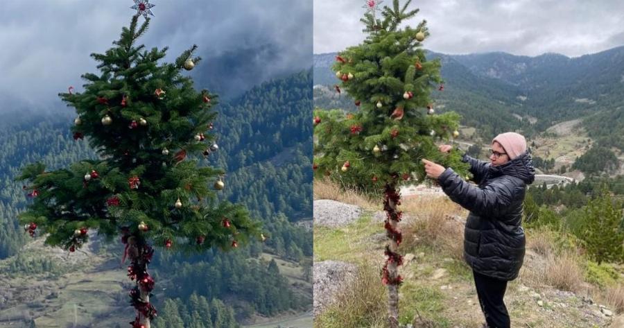 Ζευγάρι στολίζει δέντρο στο βουνό: Ένα ξεχωριστό χριστουγεννιάτικο δέντρο στο Ανήλιο Μετσόβου