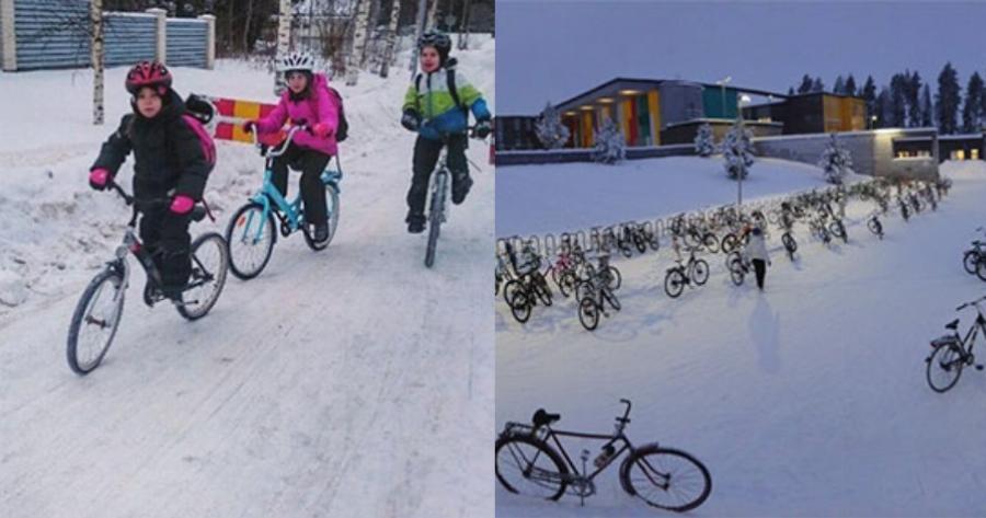 Στη Φινλανδία τα παιδιά πάνε στο σχολείο με τα ποδήλατα ακόμα και με -17 βαθμούς