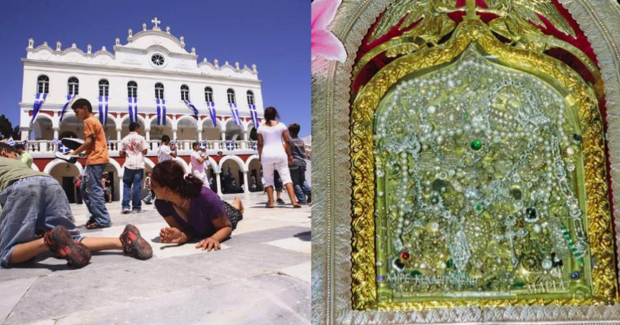 Η θαυματουργή εικόνα της Παναγίας της Τήνου, πίσω από τα τάματα