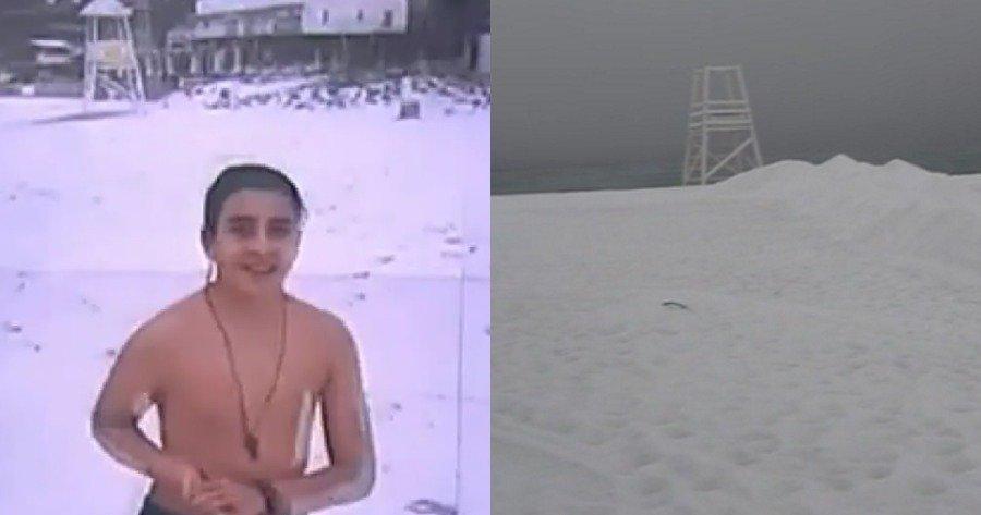 Απίστευτο: Βουτιά από νεαρό στην χιονισμένη παραλία της Ψαρρού στην Μύκονο