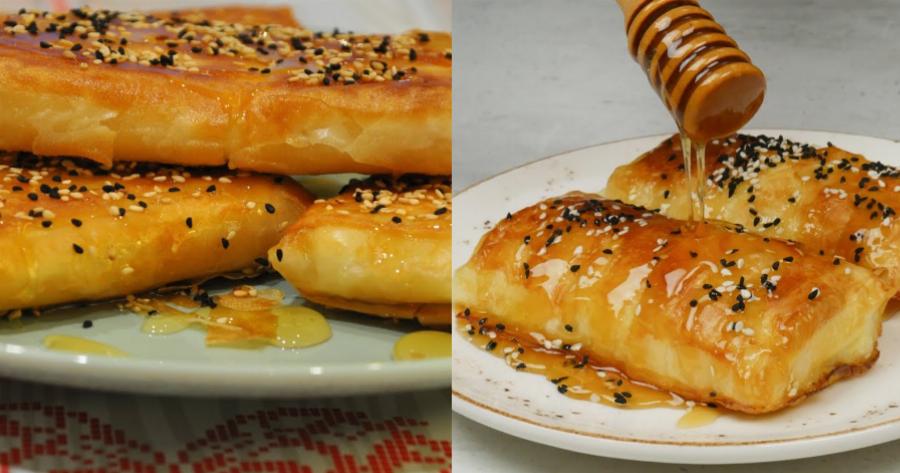 Λαχταριστή τυρόπιτα: Με φέτα τυλιγμένη σε φύλλο κρούστας με σάλτσα μελιού