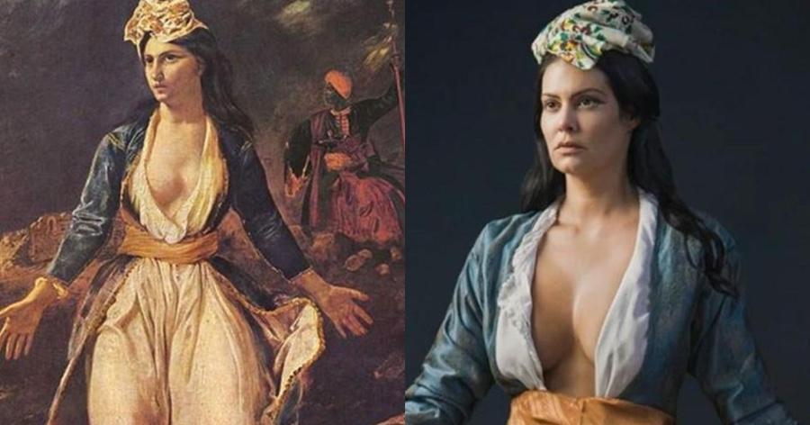 Η Μαρία Κορινθίου ποζάρει σαν «Ελλάδα στα ερείπια του Μεσολογγίου» του Ντελακρουά