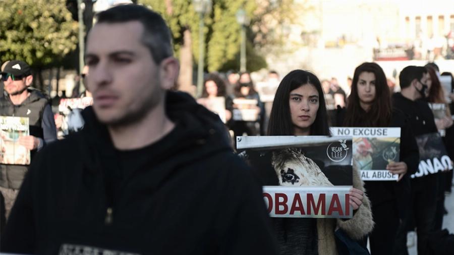 Διαμαρτυρία βίγκαν στο Σύνταγμα: «Να σταματήσει το βάρβαρο» έθιμο του σουβλίσματος του αρνιού»