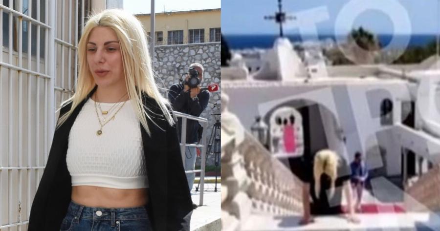 Γονατιστή στην Παναγία της Τήνου η Έλενα Πολυχρονοπούλου μετά την αποφυλάκισή της