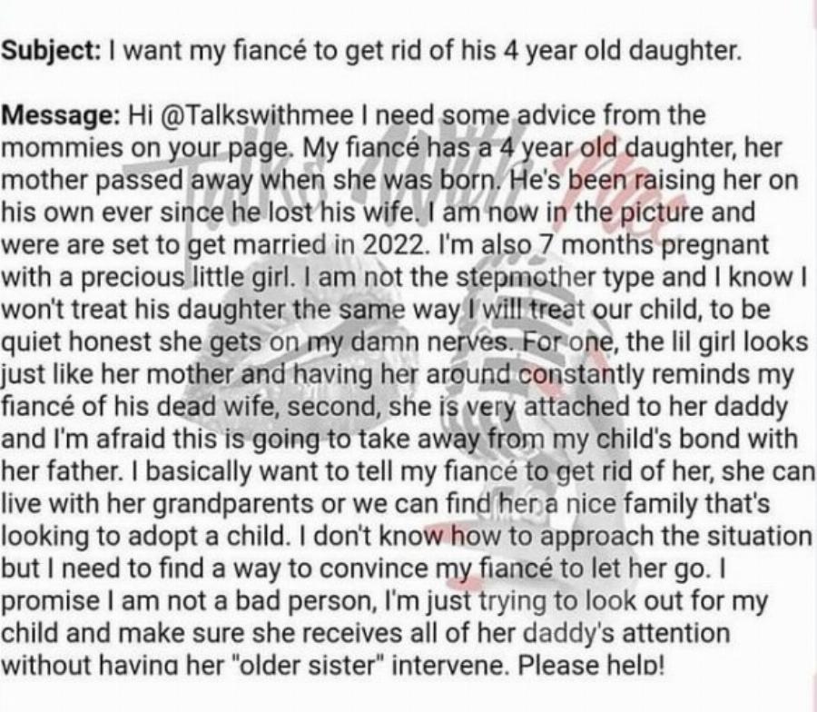 «Είμαι 7 μηνών έγκυος και θέλω ο χήρος άντρας μου να “ξεφορτωθεί” την 4χρονη κόρη του»