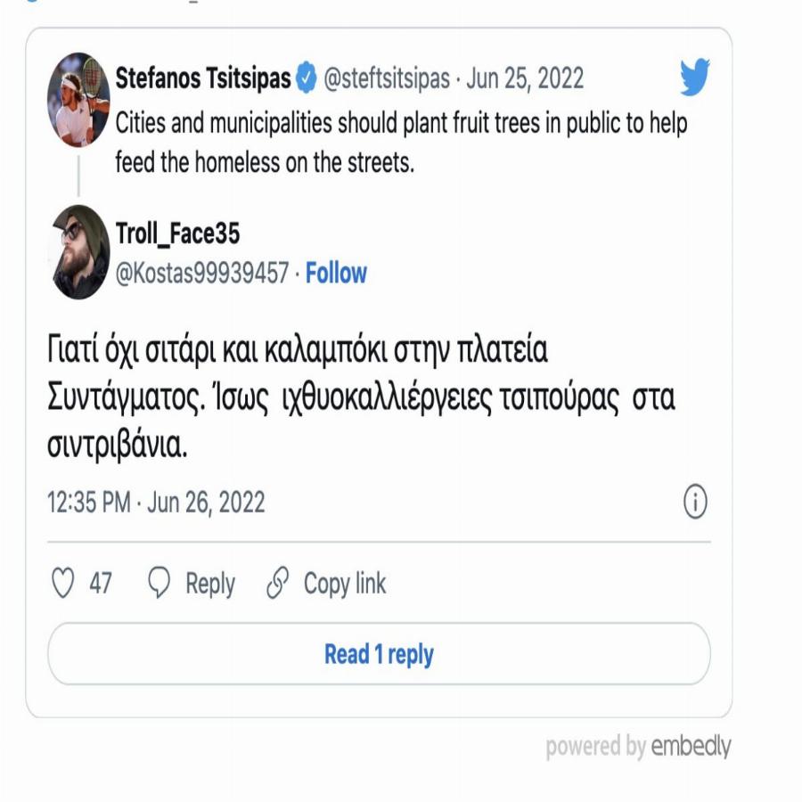 Στέφανος Τσιτσιπάς: «Γιατί δεν φυτεύουν δέντρα στους δρόμους για να τρώνε οι άστεγοι;»