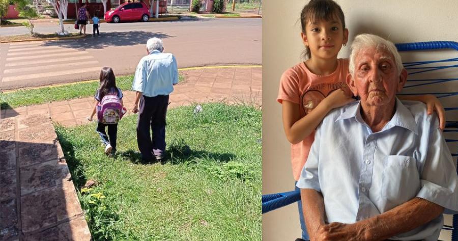 Συγκινητικές εικόνες: 90χρονος παππούς συνοδεύει την δισέγγονή του στο σχολείο και την περιμένει να γυρίσουνε μαζί