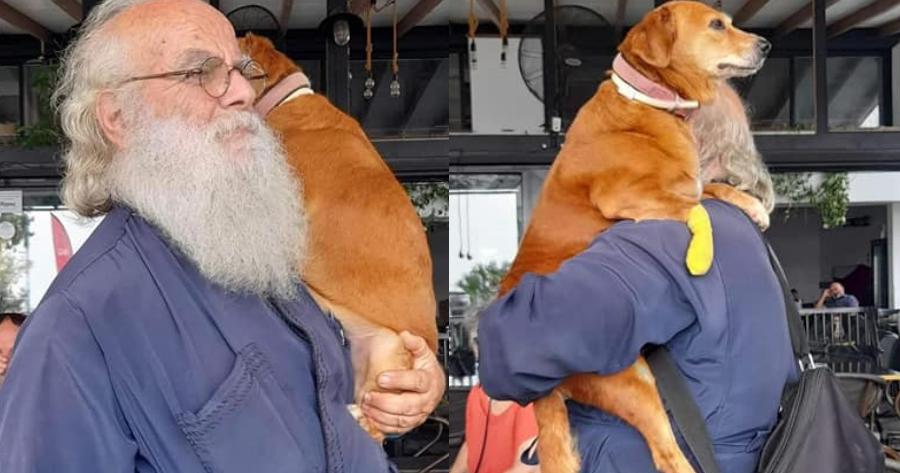 Ένας ιερέας διαφορετικός από τους άλλους στην Λέσβο: Κουβαλάει στα χέρια μια σκυλίτσα που έχει πρόβλημα με τη μέση της