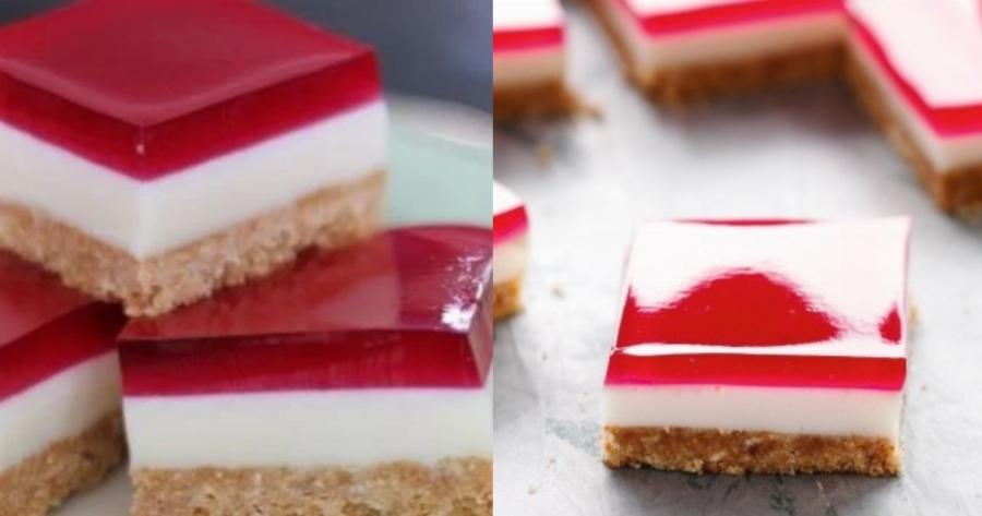 Για τους γλυκατζήδες: Δροσερό γλυκό ψυγείου με μπισκοτένια βάση, αφράτη κρέμα και επικάλυψη ζελέ