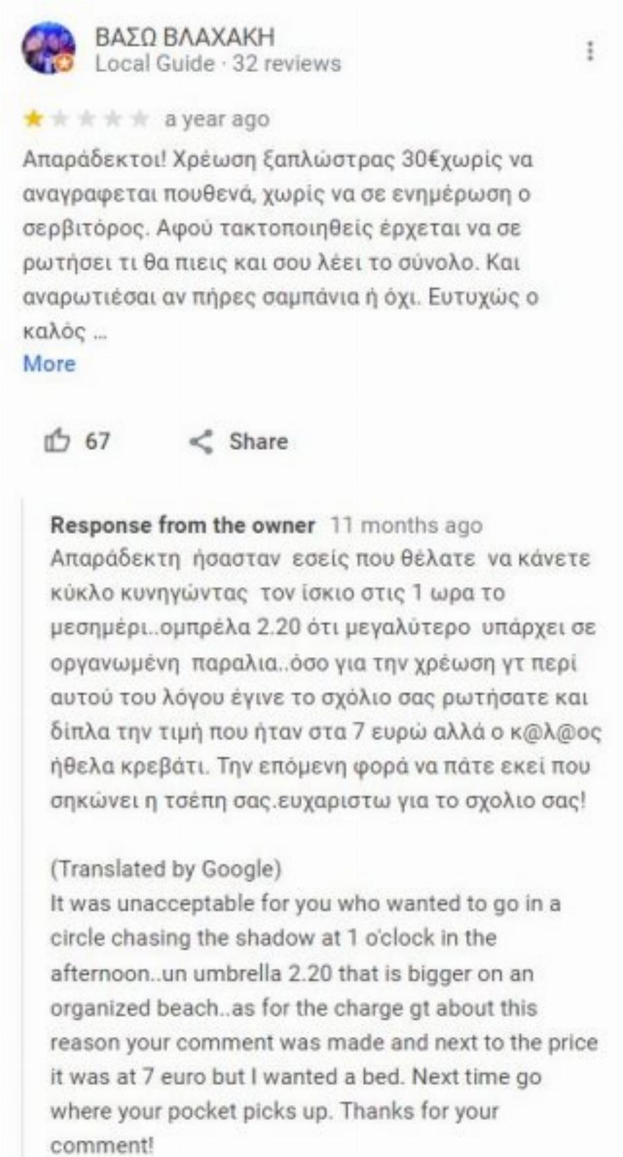 «Ουστ ρε, φώναζες σαν κότα»: Έλληνας ιδιοκτήτης beach bar βρίζει όποιον αφήνει κακή κριτική προκαλώντας χαμό στο Ίντερνετ