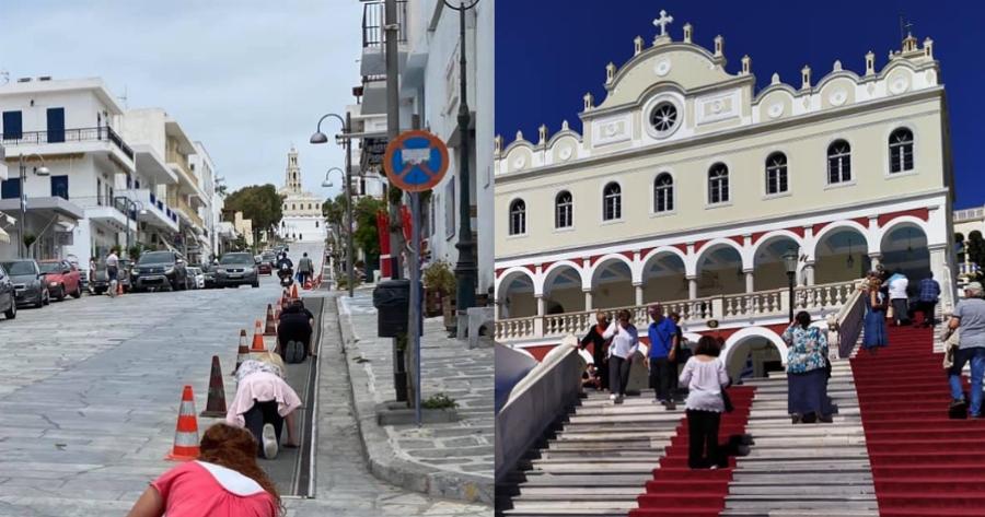 Παναγία της Τήνου: Εκατοντάδες πιστοί γονατιστοί ανεβαίνουν στη Μεγαλόχαρη για να προσκυνήσουν