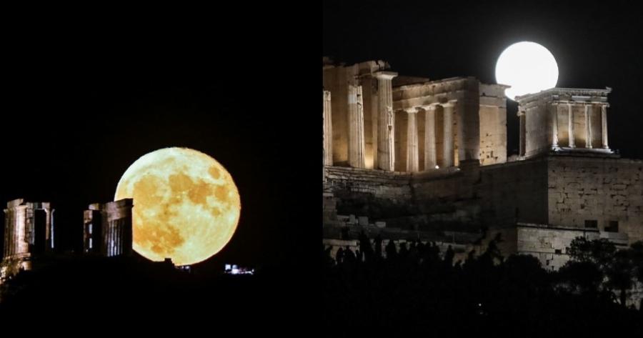 Συγκλονιστικές εικόνες από Ακρόπολη και Σούνιο – Η εντυπωσιακή πανσέληνος πίσω από τα ιερά, αρχικά γλυπτά