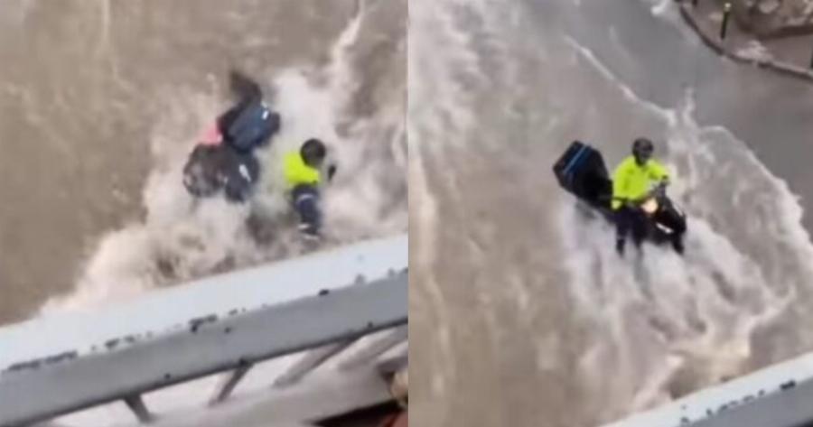 Διανομέας στην Θεσσαλονίκη: Ορμητικά νερά από την καταιγίδα παρασέρνουν διανομέα