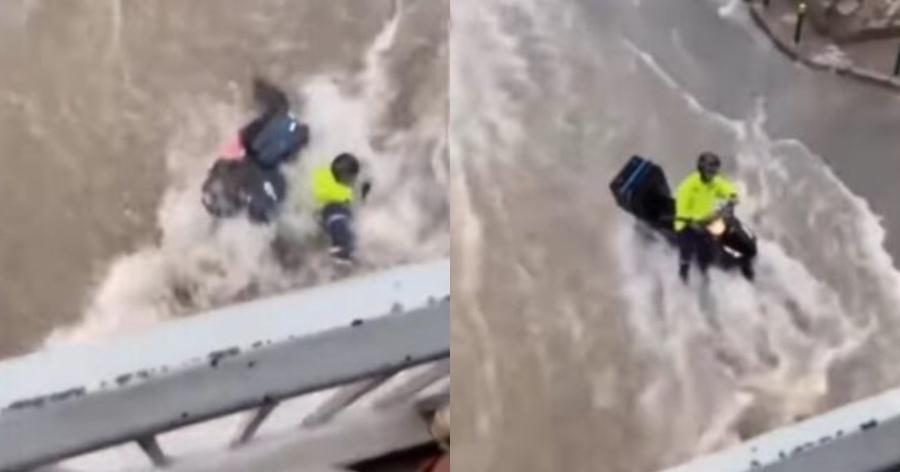 Διανομέας στην Θεσσαλονίκη: Ορμητικά νερά από την καταιγίδα παρασέρνουν διανομέα