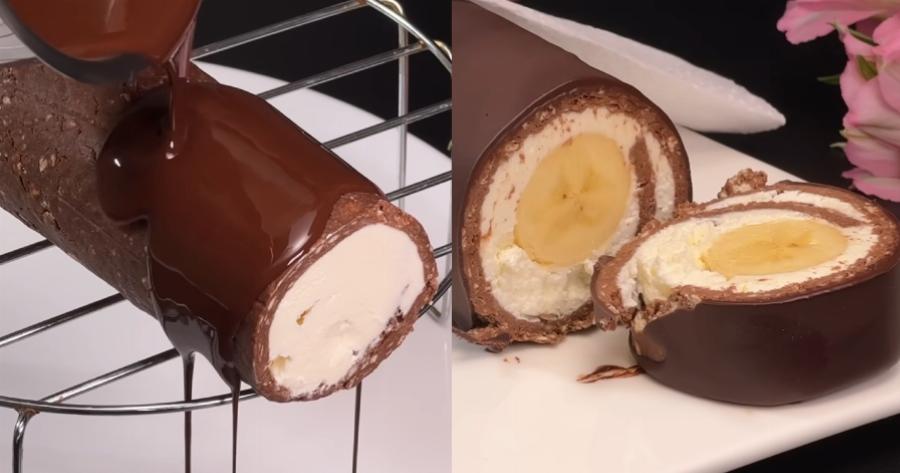 Ιδανικό για την λιγούρα: Μπανανογλυκό ψυγείου με επικάλυψη σοκολάτας και κρέμα τυριού έτοιμο σε 10 λεπτά