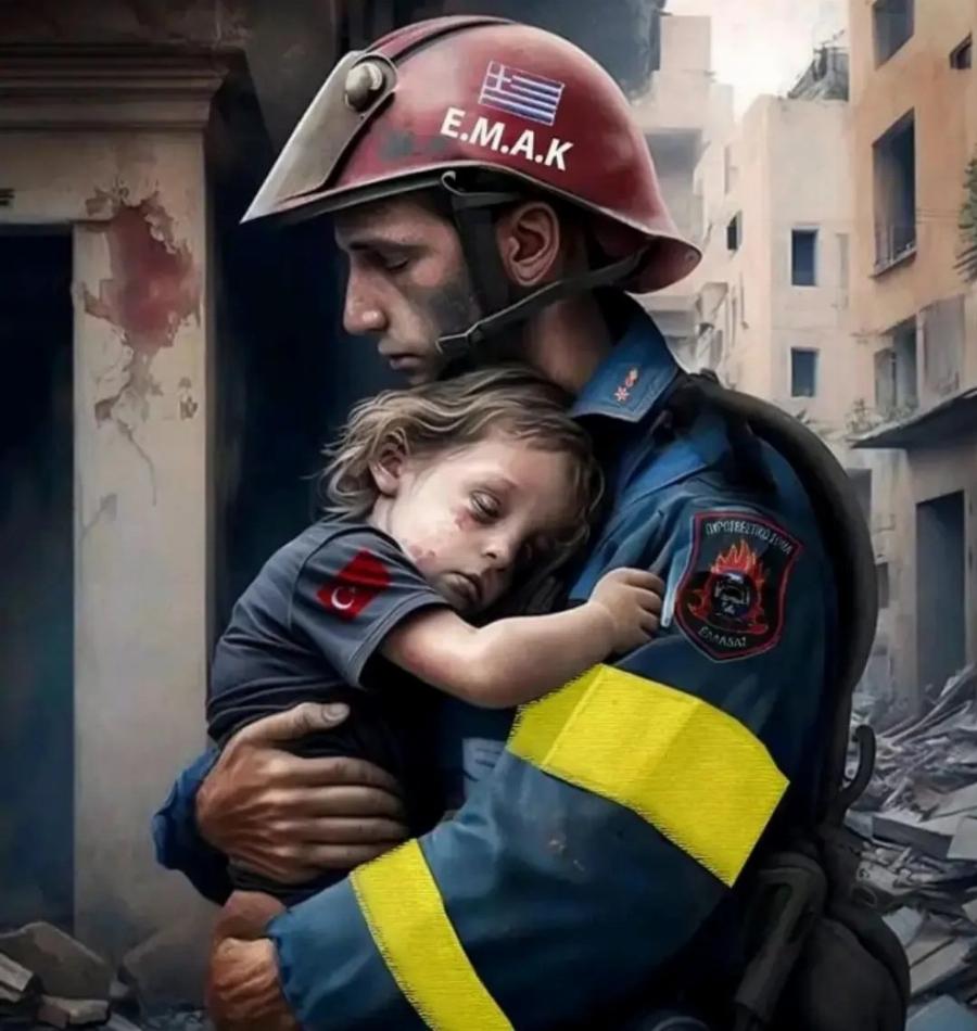 «Σάρωσε» το διαδίκτυο: Η φωτογραφία με άντρα της ΕΜΑΚ αγκαλιά με παιδί που συγκλονίζει