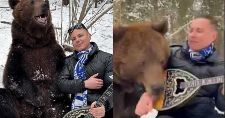 Viral Λαρισαίος: Άνδρας παίζει μπουζούκι στα χιόνια με μια αρκούδα να τον… λιγουρεύεται