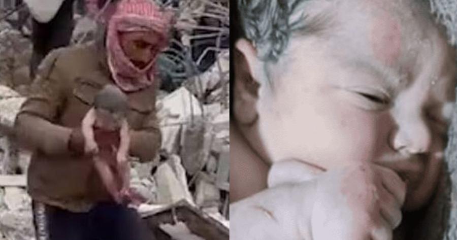 Νεογέννητο μέσα στα συντρίμμια στη Συρία – Δεμένο με τον ομφάλιο λώρο της νεκρής μητέρας του