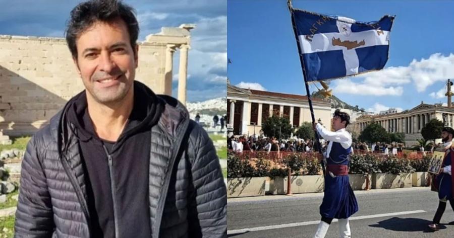 Ο Νίκος Παπαδάκης στη παρέλαση της 25ης Μαρτίου: Παρέλασε κρατώντας τη σημαία της Παγκρητίου Ενώσεως