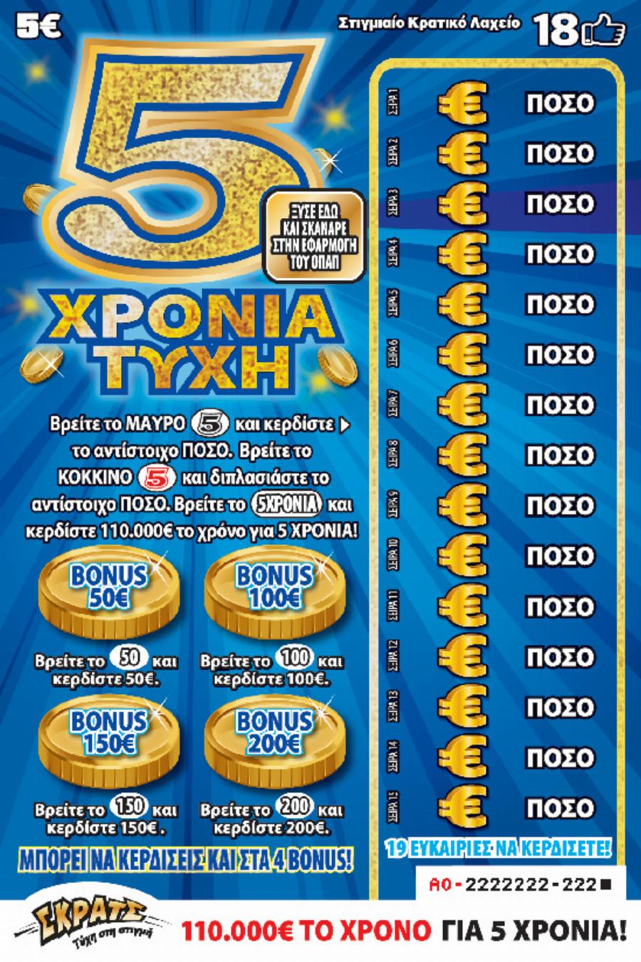 Μεγάλα κέρδη στο ΣΚΡΑΤΣ: Χαμογέλασε η τύχη σε έναν παίκτη από τη Θεσσαλονίκη και κέρδισε 550.000 ευρώ με 5 ευρώ