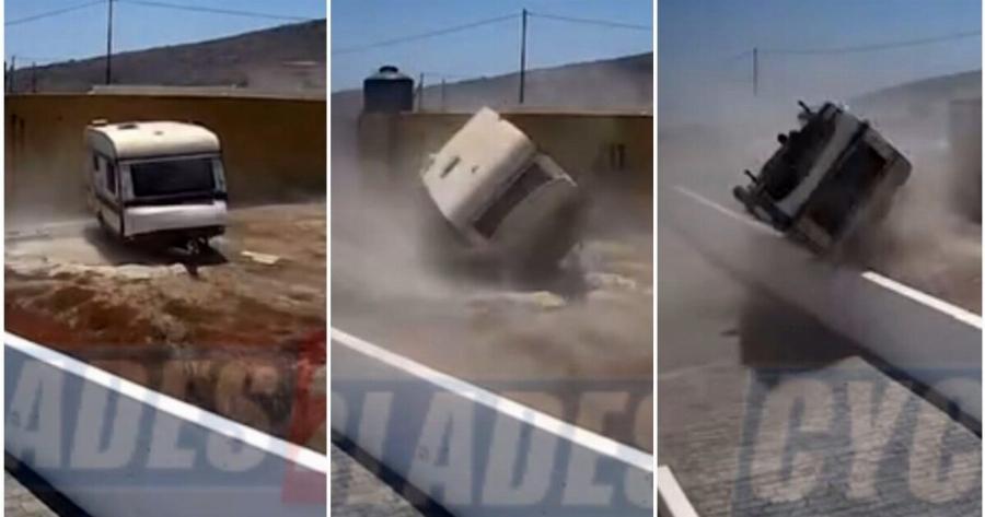 Σαντορίνη: Θυελλώδεις άνεμοι σήκωσαν στον αέρα τροχόσπιτο και το διέλυσαν – Δείτε βίντεο