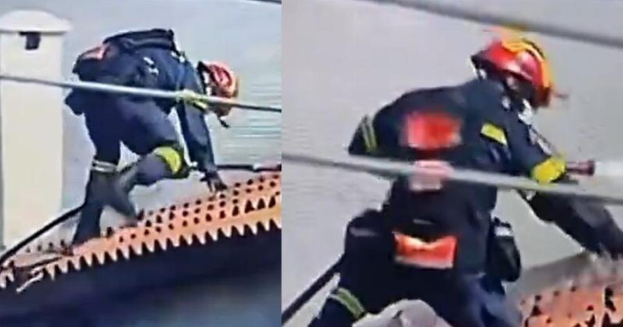 Παλαιά Φώκαια: Η συγκλονιστική στιγμή που ήρωας πυροσβέστης ανεβαίνει στη σκεπή φλεγόμενου σπιτιου με κίνδυνο τη ζωή του