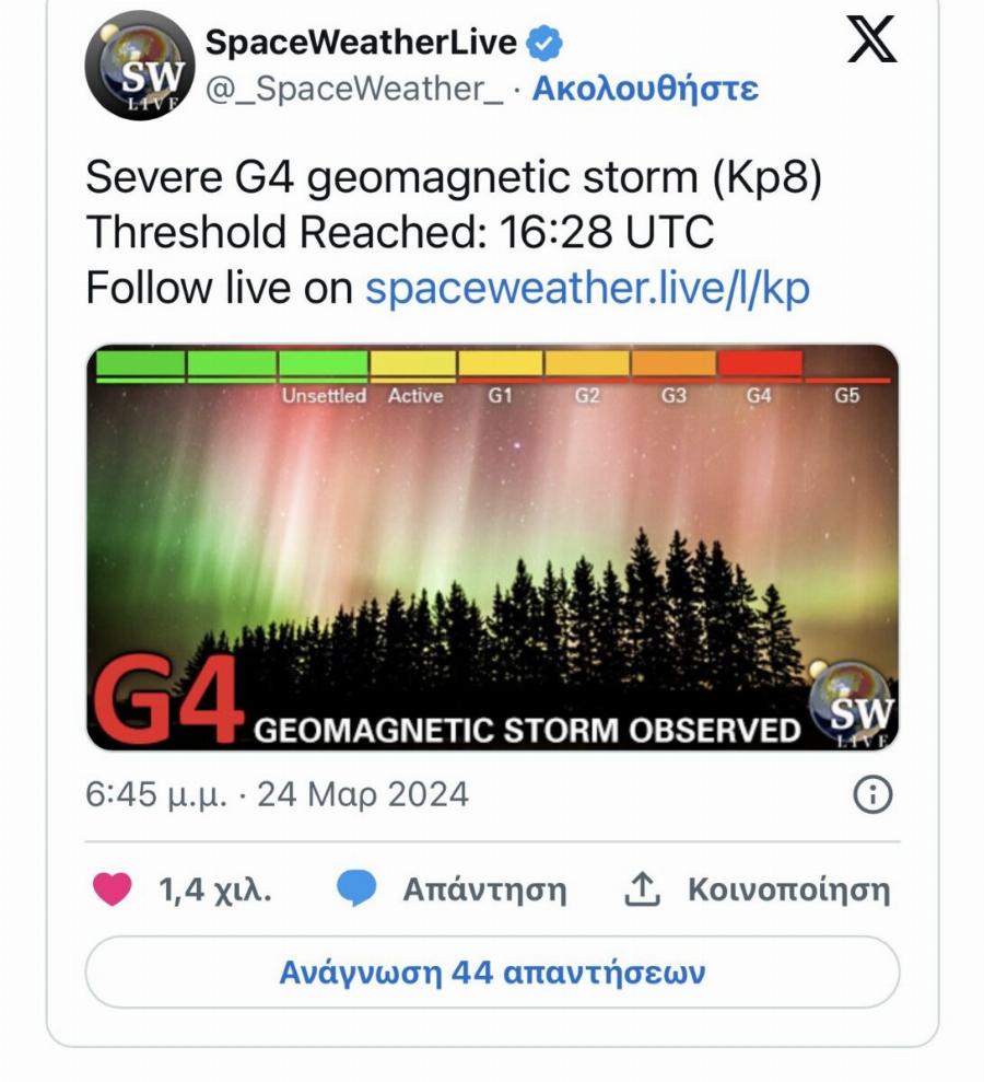 Ισχυρή γεωμαγνητική καταιγίδα «χτúπnσε» τη Γη πριν λίγες ώρες