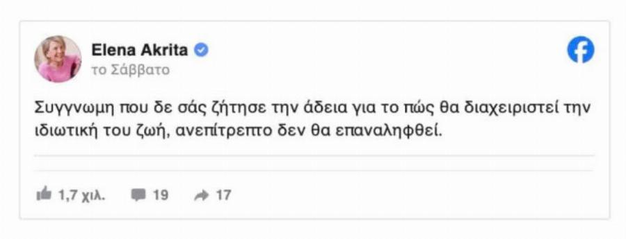 Η Έλενα Ακρίτα την «είπε» σε όσους έγραψαν αρνητικά σχόλια για τη λίστα γάμου του Κασσελάκη
